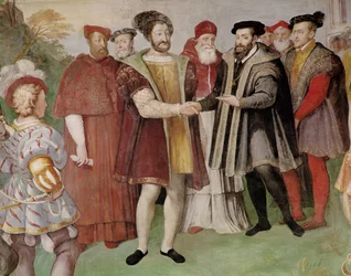 Rozejm w Nicei między Franciszkiem I (1494-1547) i Karolem V (1500-58) z „Sala del Consiglio Trento” (detal z 133346)